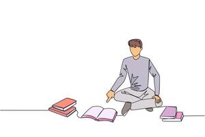 Single continuous line drawing man reading the books happily. Good reading interest. Really enjoy reading story books. Reading everywhere. Book festival concept. One line design illustration vector