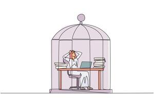 Single one line drawing Arab businessman trapped in cage sitting on office chair holding head. Being in a routine trap. Tired and irritated with the daily grind. Continuous line design illustration vector