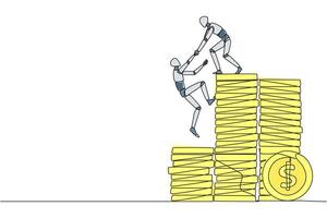 Continuous one line drawing robot helps colleague climb a pile of coins. Metaphor help achieve financial targets before entering retirement. Teamwork. Single line draw design illustration vector