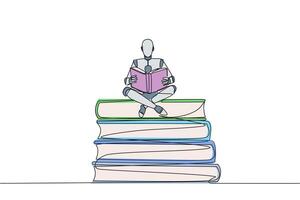 Continuous one line drawing robot sitting relax reading book on pile of books. Relax while reading fiction book. Enjoy storyline. Book festival concept. Single line draw design illustration vector