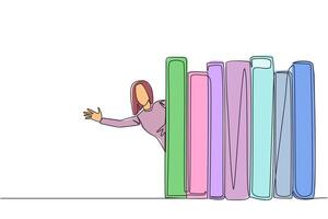 Single one line drawing a woman appears from behind a row of books. Invitation to read books at the library. Like to reading a book. Book festival concept. Continuous line design graphic illustration vector