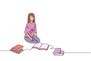 soltero uno línea dibujo mujer leyendo el libros felizmente. bueno leyendo interés. De Verdad disfrutar leyendo historia libros. leyendo en todos lados. libro festival concepto. continuo línea diseño gráfico ilustración vector