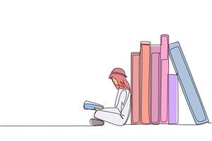 Single continuous line drawing Arabian man reading sitting leaning against a pile of books. Habit of reading books every day. Library. Good habit. Book festival concept. One line illustration vector