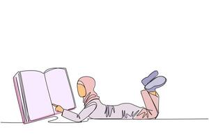 Continuous one line drawing Arab woman lying on her stomach reading big book. Enjoy reading books in a variety of styles. Reading increases insight. Love reading. Single line draw illustration vector