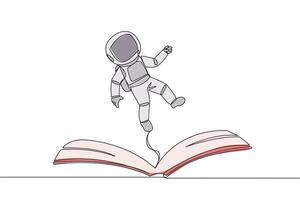 Continuous one line drawing astronaut hovering over an open book. Imagination to be astronaut floating in outer space. Enjoy the storyline. Book festival. Single line draw design illustration vector