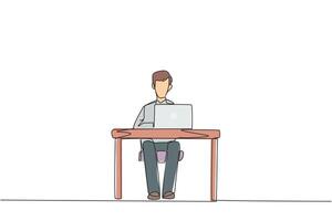 Continuous one line drawing businessman sitting and typing on laptop computer. Prepare important data to presenting in front of new investors. Hectic. Single line draw design illustration vector