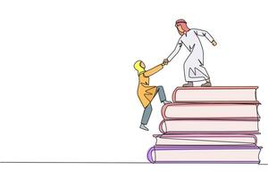 Continuous one line drawing Arab man helps Arab woman climb pile of books. Concept of helping each other to succees together. Knowledge source book. Book festival. Single line draw illustration vector