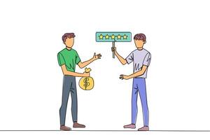 Single continuous line drawing two men standing opposite each other. One man carry money bag, the other carry rating board with 5 stars. Buy and selling reviews. One line design illustration vector