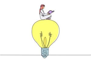 Single one line drawing Arabian man sitting on big lightbulb. Read with focus and serious. Metaphor looking for brilliant idea from scientific book. Book festival. Continuous line graphic illustration vector