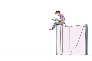 Single one line drawing smart happy man sitting on a big open book reading a book. Serious and focus learning increases insight. Book festival concept. Continuous line design graphic illustration vector