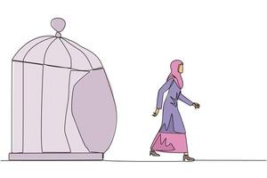 continuo uno línea dibujo árabe mujer de negocios atrapado en jaula y caminando penetrar el jaula. metáfora buscando nuevo retos y experiencias para mejor futuro. soltero línea diseño ilustración vector