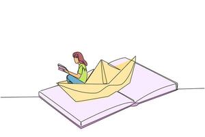 Single one line drawing woman reading a book on a paper boat. Maintain the good habits. The metaphor of reading can explore oceans. Book festival concept. Continuous line design graphic illustration vector