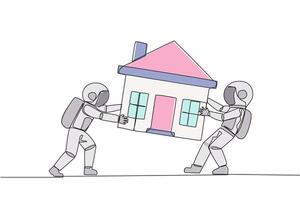 Single one line drawing two emotional astronaut fighting over miniature house. Concept of fighting for luxurious house that they really want. RIval. Cosmic. Continuous line design graphic illustration vector