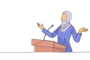 Single continuous line drawing young Arab businesswoman speaking at podium while opening hands. Explain history of the company to become a multinational company. One line design illustration vector