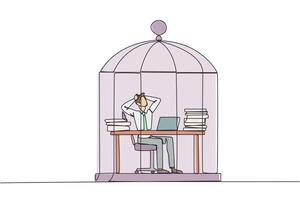 Single one line drawing businessman trapped in cage sitting on office chair holding head. Being in a routine trap. Tired and irritated with the daily grind. Continuous line design graphic illustration vector