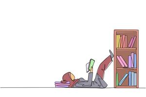 Single one line drawing Arab woman lying on back reading fiction story book near bookcase. Read slowly to enjoy the storyline. Hobby reading. Good habit. Continuous line design graphic illustration vector