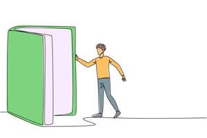 Continuous one line drawing man open the book-shaped door. Books can open mind and see everywhere. Increase knowledge about the wider world. Book festival. Single line draw design illustration vector