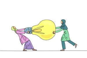 Single continuous line drawing two Arabian businesswoman fighting over lightbulb. Both of them differed, feeling most right. Emotional businesswoman. Conflict. One line design illustration vector