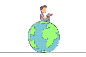 Single one line drawing happy boy sitting on big globe reading a book. The metaphor of reading can reach the world. Read everywhere. Book festival concept. Continuous line design graphic illustration vector