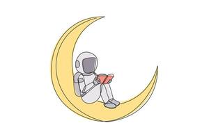 Single one line drawing astronaut sitting on crescent moon reading book. Reading story before bed. Passionate about reading in any condition. Book festival. Continuous line design graphic illustration vector