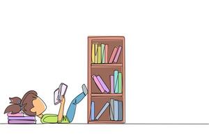 Single one line drawing girl lying on back reading fiction story book near bookcase. Read slowly to enjoy the storyline. Hobby reading. Very good habit. Continuous line design graphic illustration vector