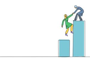 Single continuous line drawing Arabian businesswoman helps colleague climb bar graph. Helps to climb to higher ground. Move forward and success together. Teamwork. One line design illustration vector