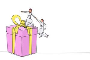 Single continuous line drawing Arab businessman helps colleague climb big gift box. Integrated teamwork to reach the highest level for rewards. Helping each other. One line design illustration vector