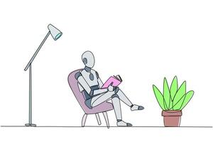 Single continuous line drawing smart robot sitting reading in room with the reading lamp. Spending holidays increasing knowledge by reading the books. Love reading. One line design illustration vector