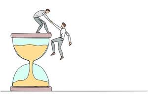 Single continuous line drawing businessman helps colleague climb the large hourglass. Have many assignment deadlines. Sharing with colleagues will become easier. One line design illustration vector