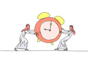 Single one line drawing two emotional Arabian businessman fighting over alarm clock. The concept of fighting for rare items for prestige. Conflict. Attack. Continuous line design graphic illustration vector