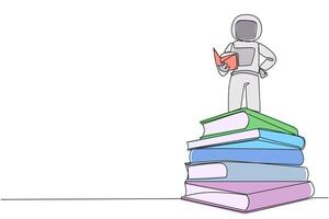 Continuous one line drawing astronaut standing on a pile of books reading the fiction story book. Intrigued by book series. Read anywhere to finish reading. Single line draw design illustration vector