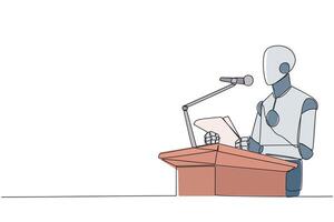 Single one line drawing robot speaking on the podium holding a piece of paper. Make a welcoming speech. Robot has a new business branch. Happiness. Orator. Continuous line design graphic illustration vector