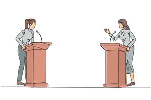 Single continuous line drawing two businesswomen arguing on the podium. Throwing opinions on the best way to deal with global warming. Open dialogue. Debating. One line design illustration vector