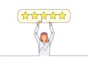 Continuous one line drawing young Arabian man holding rating board which contains 5 stars. Star rating. Positive review. Online shopping with give 5 rating. Single line draw design illustration vector