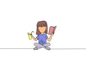 soltero continuo línea dibujo niña sentado con las piernas cruzadas leyendo libro. acompañado por vaso de naranja jugo a hacer leyendo más interesante. conocimiento. frescura. uno línea diseño ilustración vector