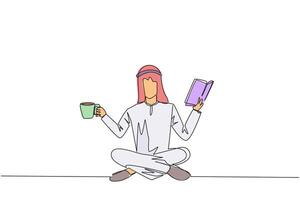 Single one line drawing Arabian man sitting cross-legged reading book. Accompanied by mug of coffee to make reading more interesting. Knowledge. Calmness. Continuous line design graphic illustration vector