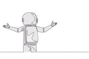 Continuous one line drawing rear view of astronaut speaking at the podium while opening hands. Style like successful motivator. Invite to increase business. Single line draw design illustration vector