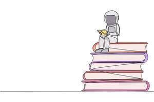 Single one line drawing astronaut sitting on pile of books reading book. High interest in reading. Opening horizon of thinking. Space book festival concept. Continuous line design graphic illustration vector