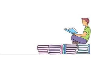 Single one line drawing man sitting relaxed reading a book on pile of books. Relax while reading fiction books. Enjoy the storyline. Book festival concept. Continuous line design graphic illustration vector