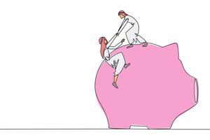 Single one line drawing Arab businessman helps colleague climb piggy bank. Remind each other in kindness. Investment for the future. Super great teamwork. Continuous line design graphic illustration vector