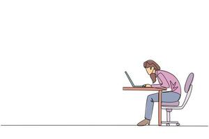 Continuous one line drawing businesswoman sitting and typing on laptop computer. Work hard to achieve maximum expected results. Overtime and work smart. Single line draw design illustration vector