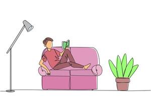 Single continuous line drawing man sitting stretched out on the sofa reading book. Really like the content of the book reading on each page. Impressive. Love read. One line design illustration vector