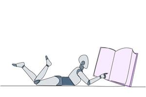 Single continuous line drawing smart robot lying on stomach reading big book. Enjoy reading books in a variety of styles. Reading increases insight. Love reading. One line design illustration vector