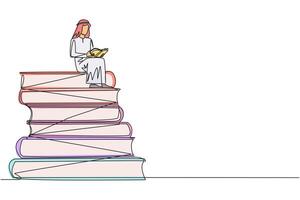 Continuous one line drawing Arabian man sitting on pile of books reading book. High interest in reading. Opening horizons of thinking. Book festival concept. Single line design illustration vector