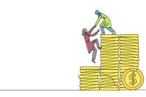 Single continuous line drawing Arab businesswoman helps colleague climb pile of coins. Metaphor help achieve financial targets before entering retirement. Teamwork. One line design illustration vector