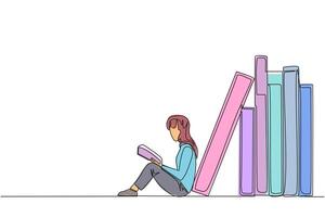 Single continuous line drawing girl reading sitting leaning against a pile of books. Habit of reading books every day. Library. Good habit. Book festival concept. One line design illustration vector