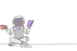 soltero uno línea dibujo astronauta sentado con las piernas cruzadas leyendo el libro. acompañado por jarra de café a hacer leyendo más interesante. conocimiento. calma. continuo línea diseño gráfico ilustración vector