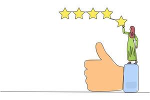 Single one line drawing young happy Arabian woman standing on thumbs up wants to attach the stars to form 5 stars in a row. Give review or good feedback. Continuous line design graphic illustration vector