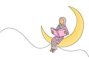 Single continuous line drawing Arab woman sitting on crescent moon reading a book. Metaphor of reading a fairy story before sleeping. Read until late. Love reading. One line design illustration vector