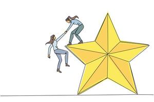 continuo uno línea dibujo mujer de negocios ayuda colega escalada grande estrella. metáfora de lograr Sueños de éxito juntos. tener muy bueno carrera posición. soltero línea dibujar diseño ilustración vector